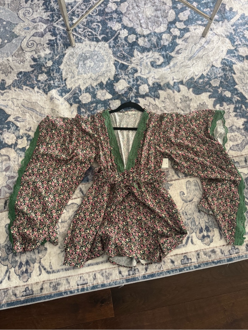 Floral V-Neck Long Sleeve Peplum romper with Green Trim